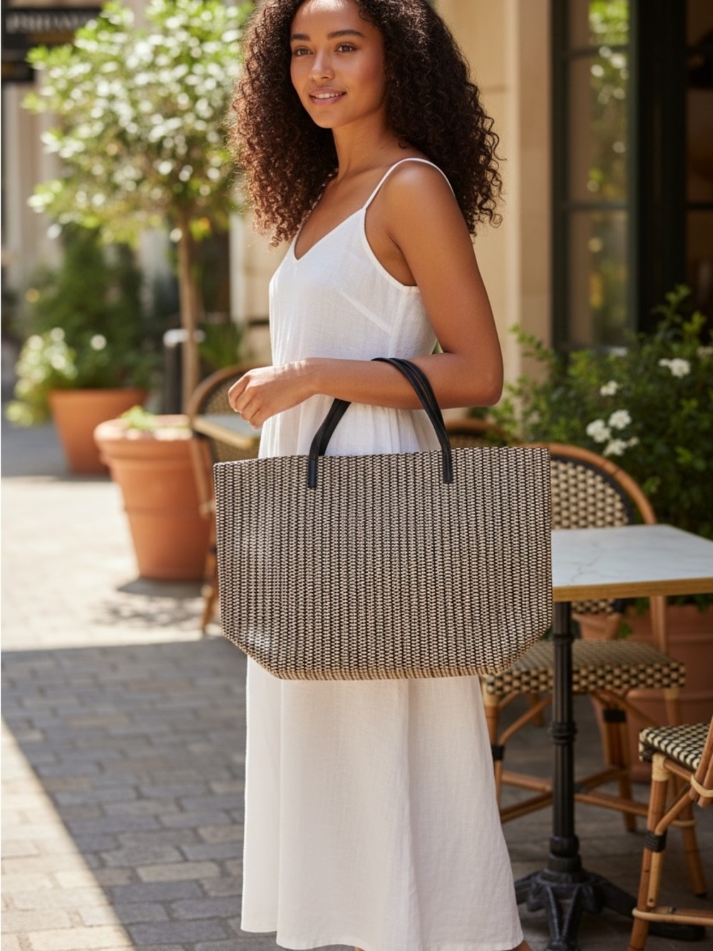 Woven Black & Natural Tote with Black Handles